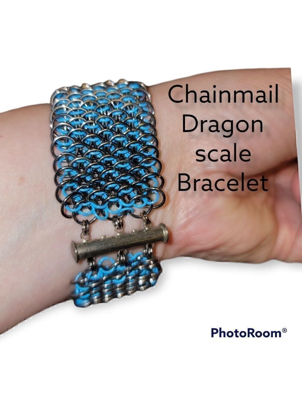 Dragon Scale Chainmail Bracelet Blue Black Silver #B97